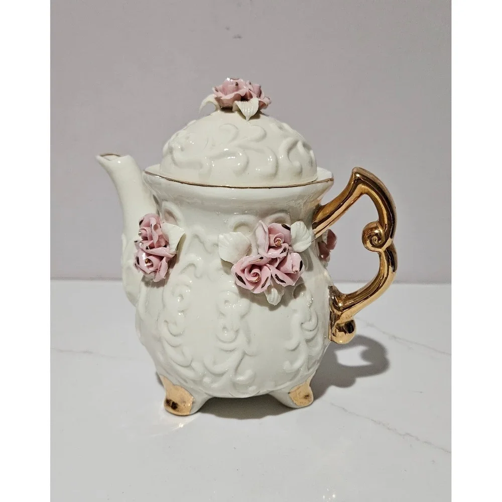 Vintage Miniature Porcelain Teapot Pink 3D Roses Gold Trim Embossed Scroll Decor